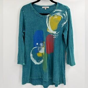 Jess & Jane Teal Long Sleeve Top Jane Orbs Washed Cotton Tunic 3/4 size small